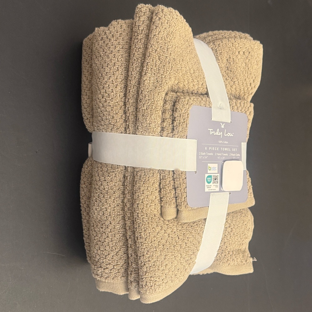 6pc TRULY LOU 100% Cotton Bath Towel Set - Casasesm22 - Tan Bundle